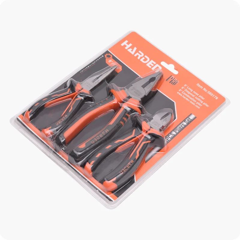JUEGO DE ALICATES VARIADOS — JUEGO DE ALICATES 3PZS COMBINACION 8", PUNTA LARGA 6" Y CORTE DIAGONAL 6" - HARDEN