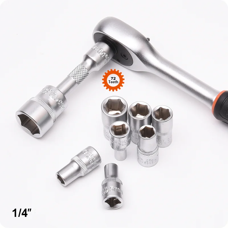 JUEGO DE DADOS 1/4 CORTOS 6PTS — JUEGO DE DADOS (SOCKET) CON RATCHET Y EXTENSION 13PZS 1/4" - HARDEN
