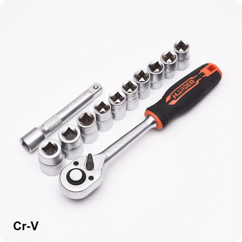 JUEGO DE DADOS 1/2 CORTO 6PTS — JUEGO DE DADOS (SOCKET) CON RATCHET Y EXTENSION 12PZS 1/2" - HARDEN