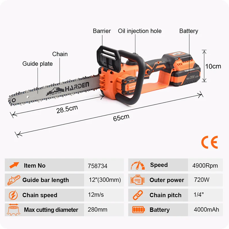 MOTOSIERRA INALAMBRICAS — MOTOSIERRA 20V 8" (200mm) CON BATERIA (4.0Ah) Y CARGADOR - HARDEN