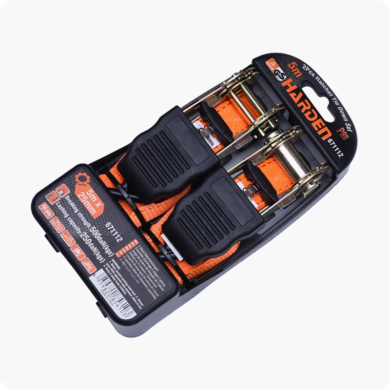 CINTA AMARRE CON RATCHET — JUEGO DE 2 CINTAS DE AMARRE CON RATCHET 25mm x 5Mts - HARDEN