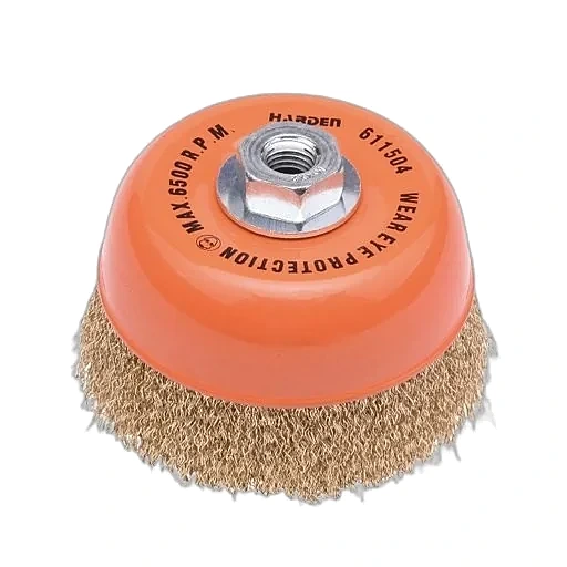 CEPILLO DE COPA LATON ONDULADO CON TUERCA — CEPILLO DE ALAMBRE DE COPA CON TUERCA 75mm (3") - HARDEN