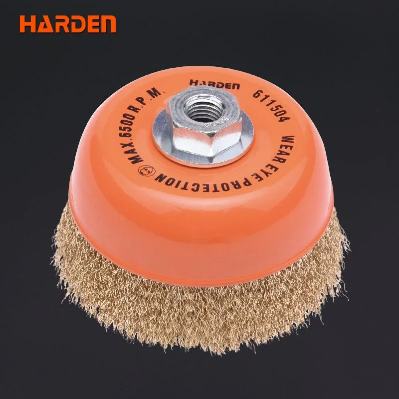 CEPILLO DE COPA LATON ONDULADO CON TUERCA — CEPILLO DE ALAMBRE DE COPA CON TUERCA 75mm (3") - HARDEN