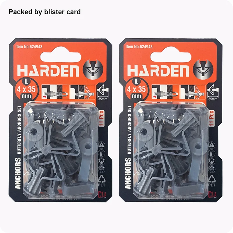 ANCLAJE DE NYLON P/ PARED HUECA TIPO MARIPOSA — SET DE ANCLAJES DE NYLON P/ PARED HUECA TIPO MARIPOSA M4x35 11 UND - HARDEN